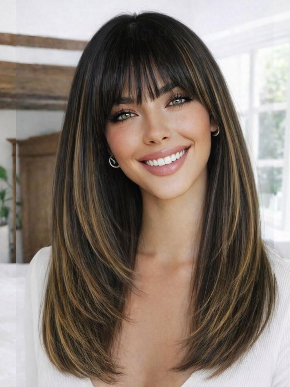 Women's Blonde Highligh Heat Resistant Middl Length Natural Layered Straight Wig